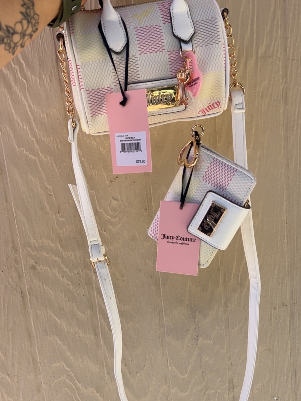 Juicy Couture White Mini Crossbody with Pastel Pink & Yellow Check